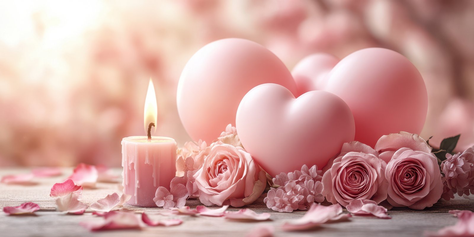Soft pink decorations with candles and flowers create a romantic ambiance for celebrations